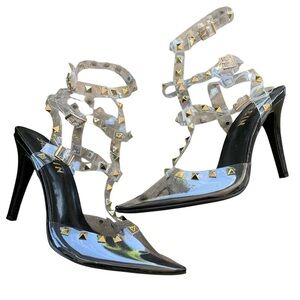 She & In Clear Transparent Strappy Gold Studded Pointed Toe Heels Size 39 US 7.5